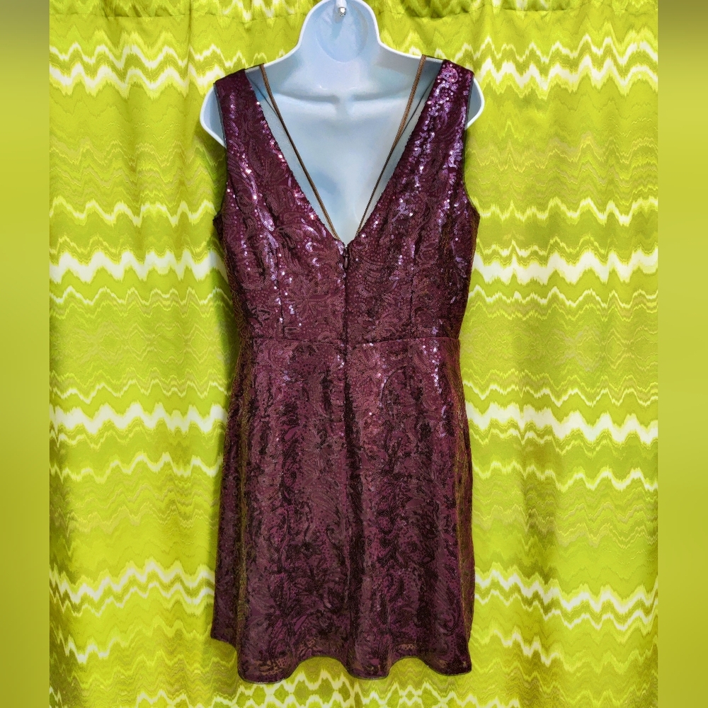 Deep Plum Plunging Neckline Sequin Party Dress - Picture 3 of 5